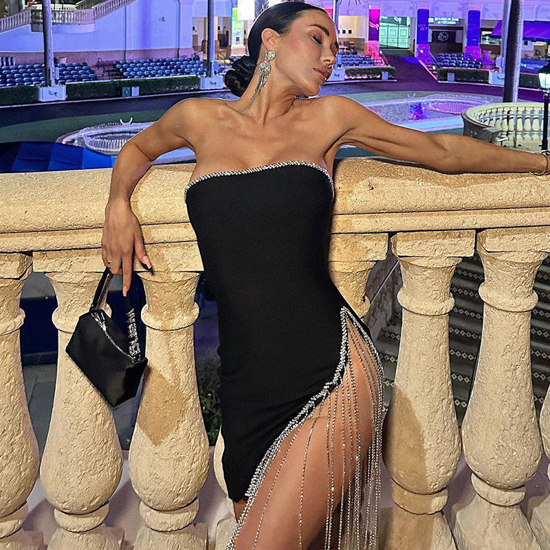 Solid Color Chest Wrap Stitching Tassel Split Dress