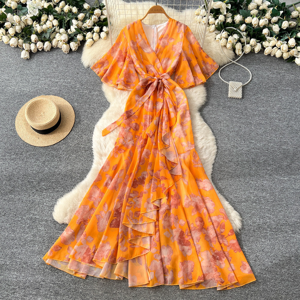 Strap-tied Waist V-Neck Irregular Print Chiffon Maxi Dress