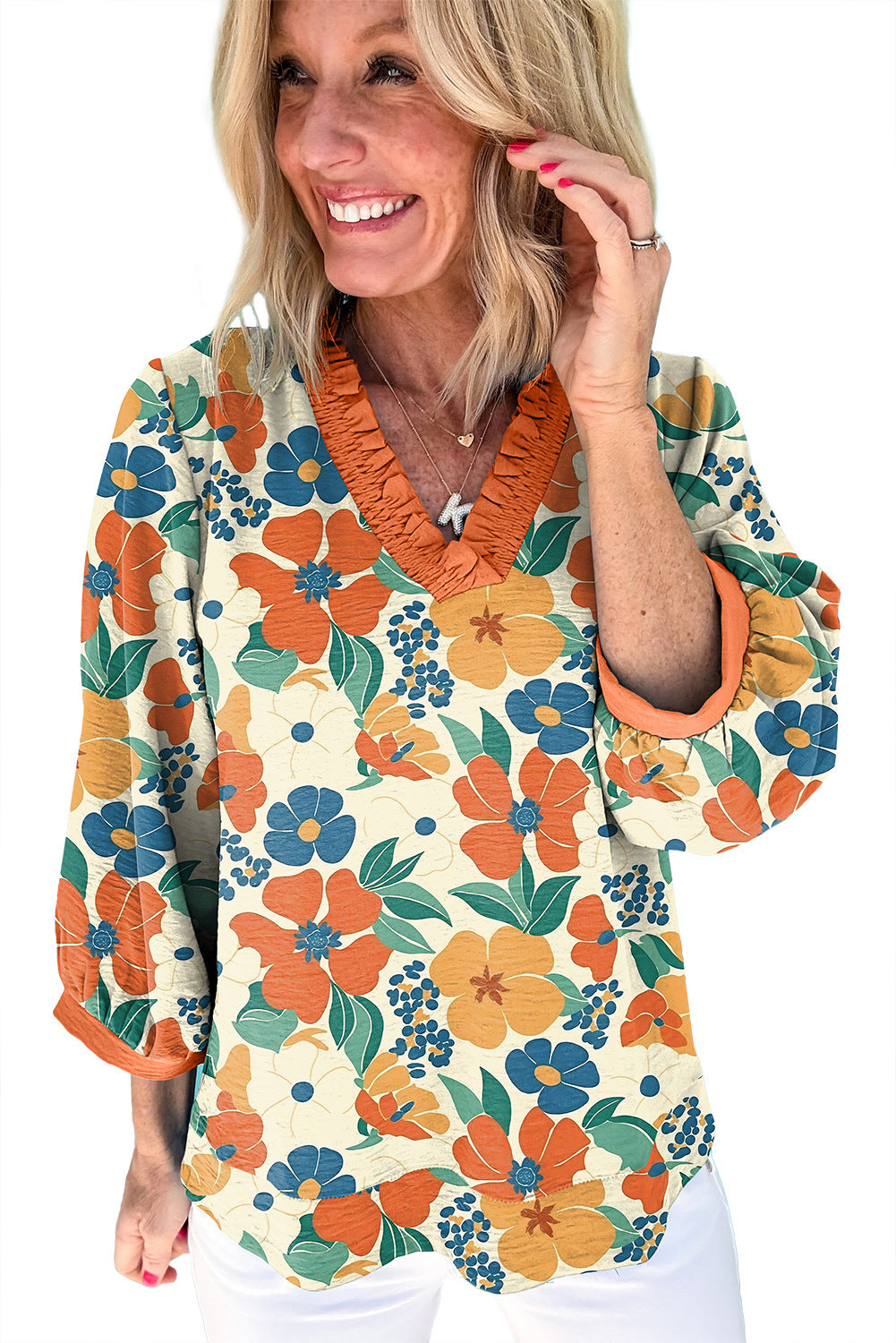 Casual Versatile V-neck Floral Print Top