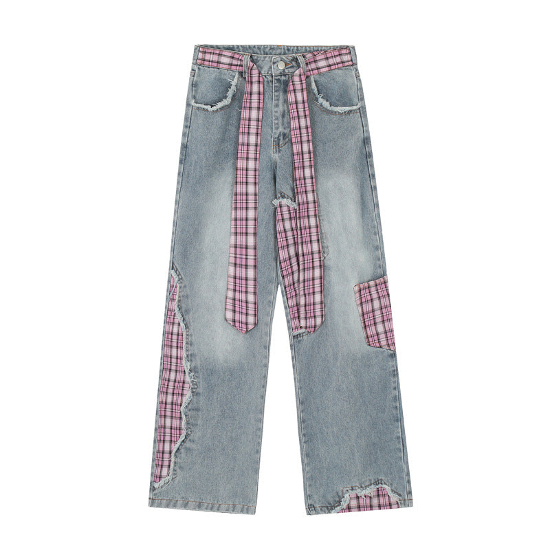 Design Frayed Plaid Stitching Jeans