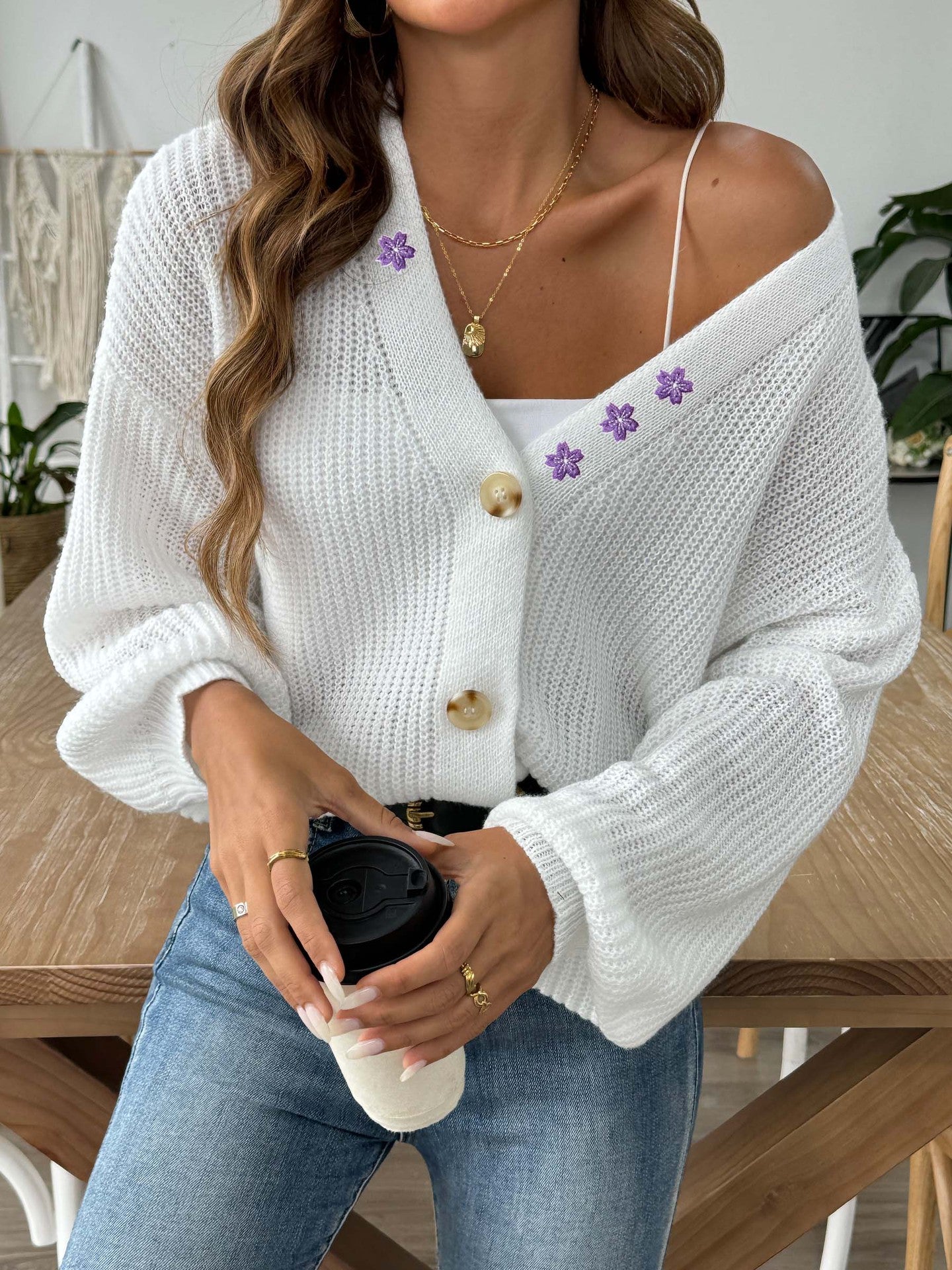 Embroidered Stickers Short Button Coat Sweater Cardigan