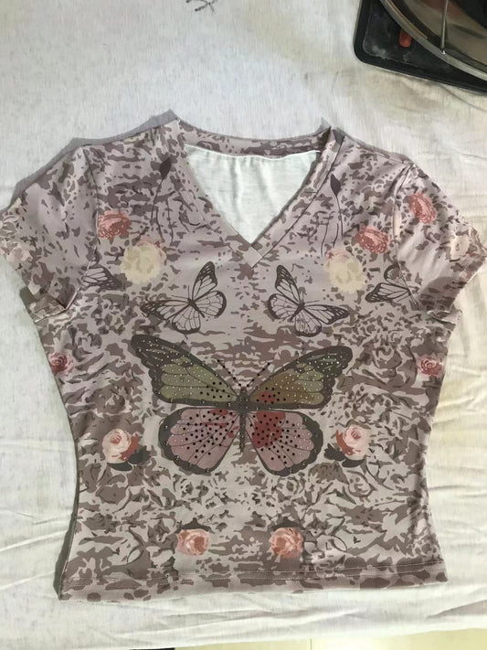 Europæisk og amerikansk dametøj sommerfugl hot diamond fashion T-shirt