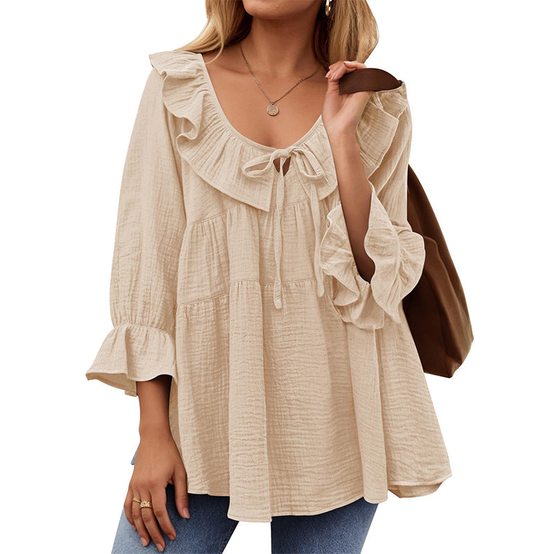 Round Neck Tied Front Dart Multi-layer Loose Waist Shirt