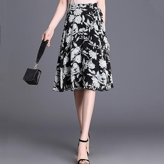 Loose Wide Leg High Waist Printed Chiffon Pantskirt