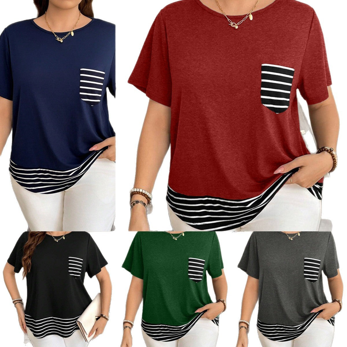 Patchwork Stripes Round Neck Loose Short Sleeves Fake Two-piece Top