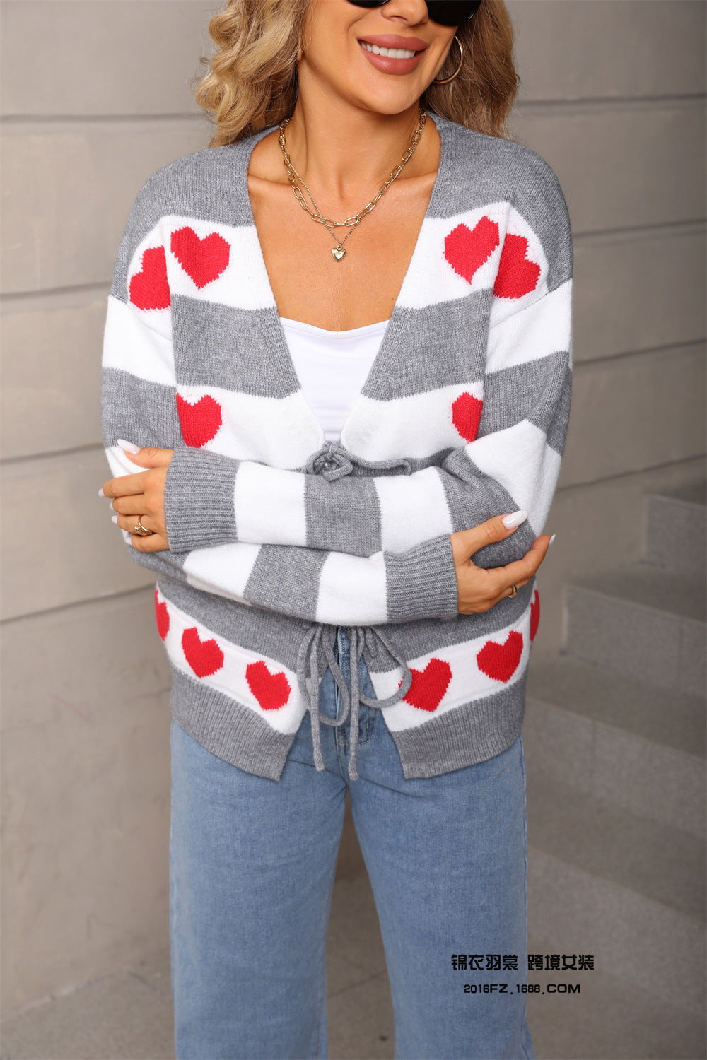 Love Sweater Lace Cardigan Color Matching Knitted Coat