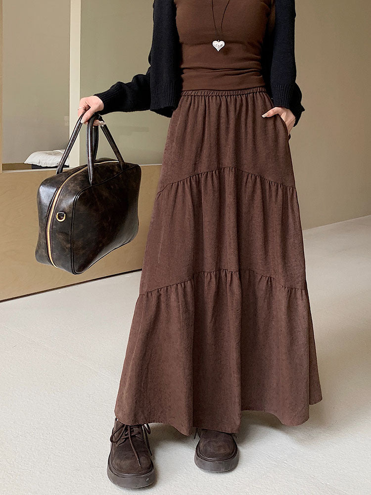 Pleated Stitching Elastic Waist Loose All-match Large Swing A- Line Dress