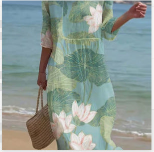 Women's Loose Round Neck Fashion Premium Long Sleeve Printed Dress