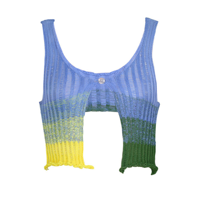 Trendy Gradient Cropped Navel Sleeveless Button Tank Top