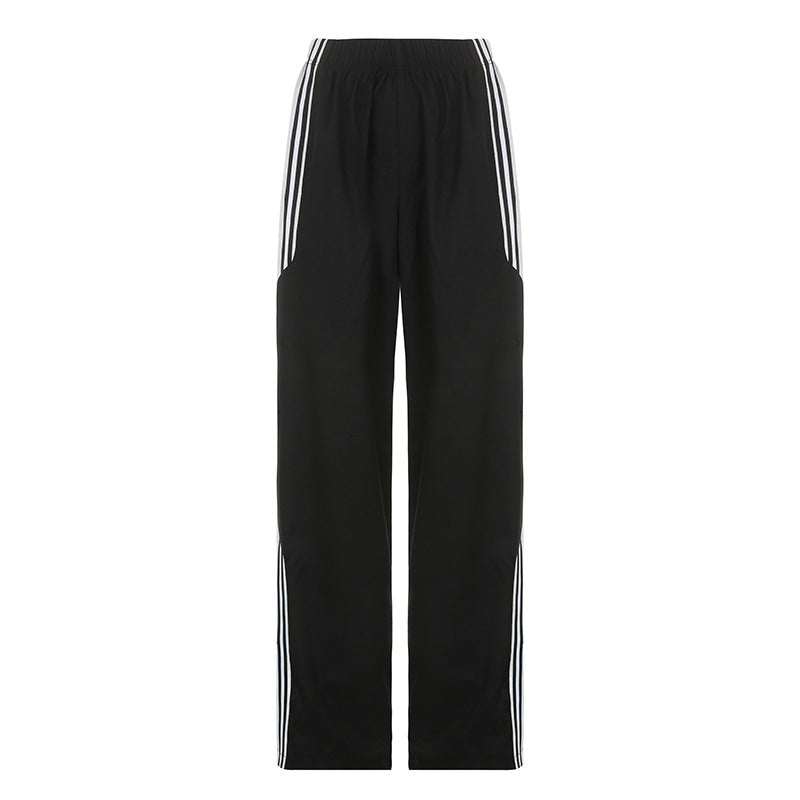 Women's New Side Seam White Stripe Color Matching Loose High-waist Casual Pants