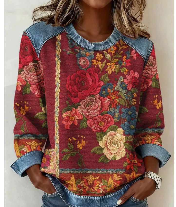 Womens Retro Crew-Neck Long-Sleeve Sweatshirt Top