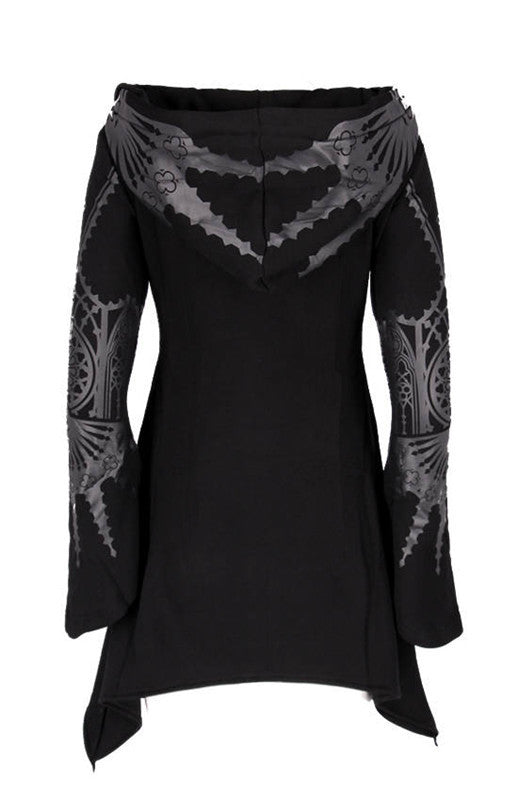 Halloween Cosplay Hættetrøje Dame Punk Sort Lang Hættetrøje med Print Sweater