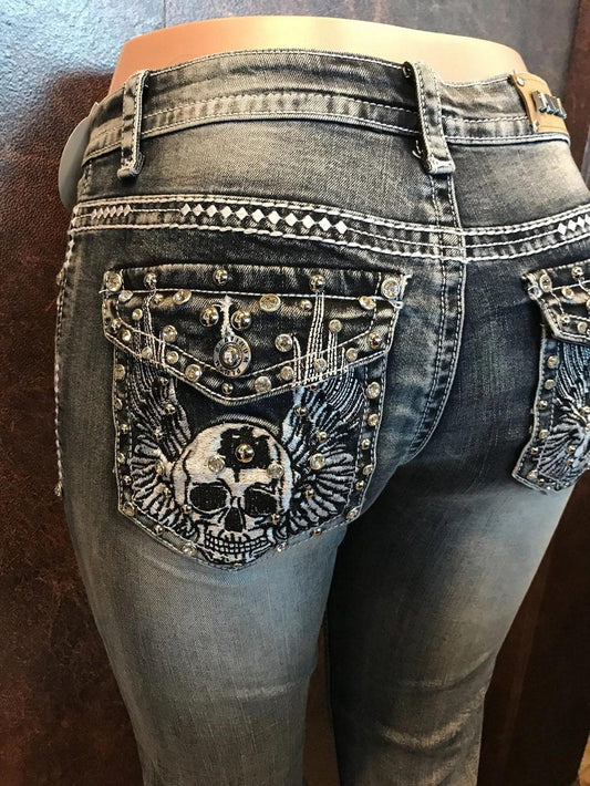 Nye retro broderede slim-fit jeans med høj talje og dødningehoved til kvinder