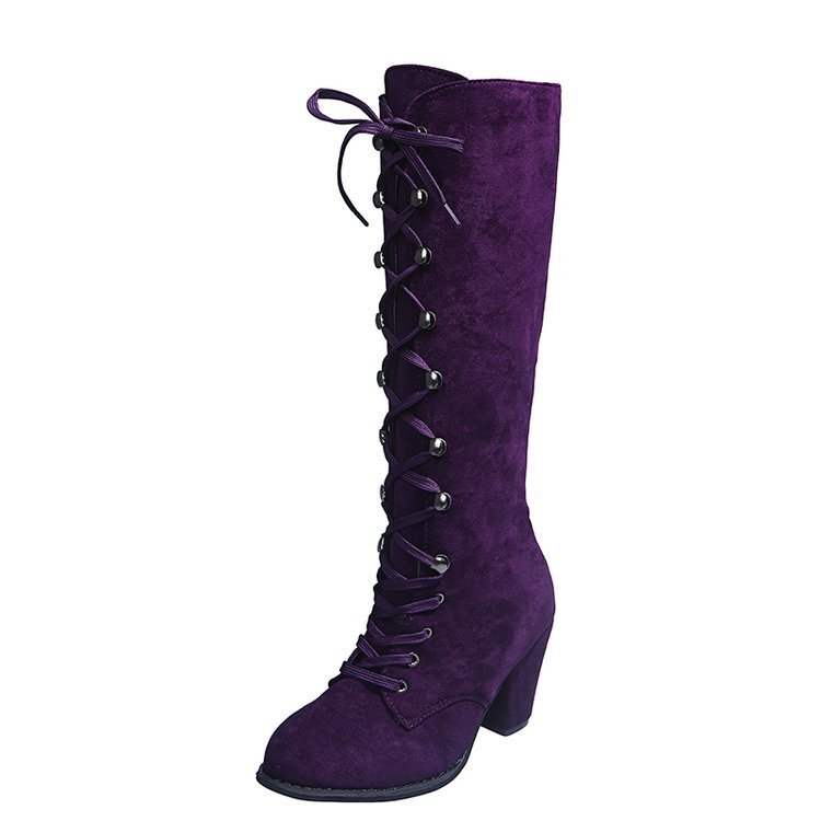 Winter New High Solid Color Thick Heel Round Head Lace-up Knight Boots Fashion High Heel Boots