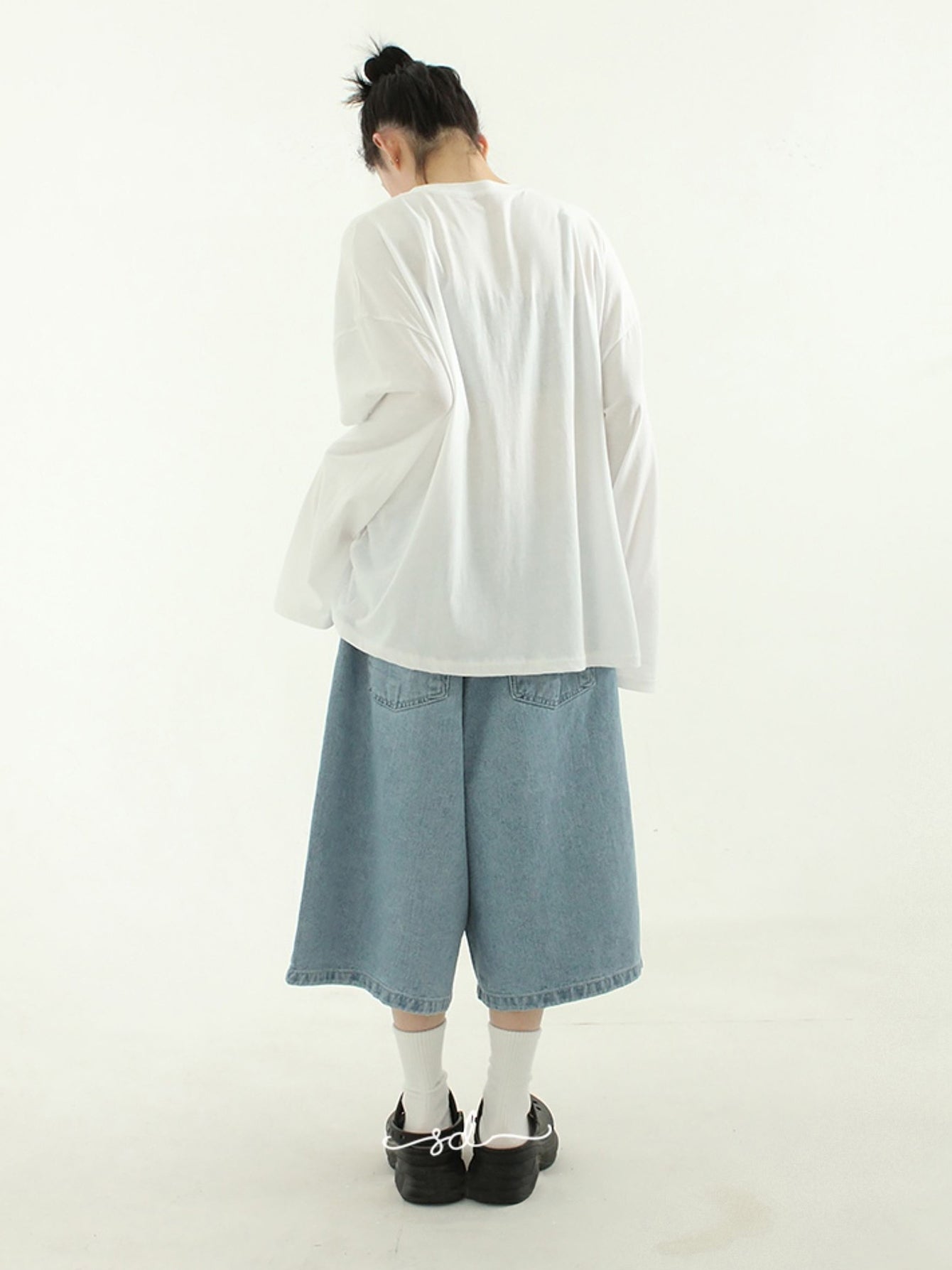 American Retro Denim Cropped Pants Women's Elastic Waist Straight Wide Leg Loose Thin Over The Knee