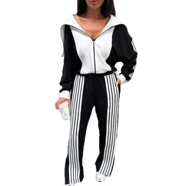 Womens Striped Coral-Fleece Patchwork Long-Sleeve Zip-Up Pants Set