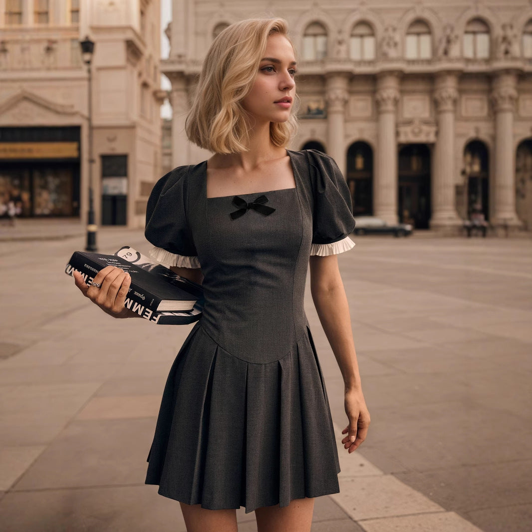Womens Solid-Color French Square-Neck Slim-Fit Short-Sleeve Dress