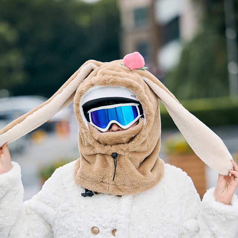 Winter Warm Peach Rabbit Mask Hat Scarf Integrated