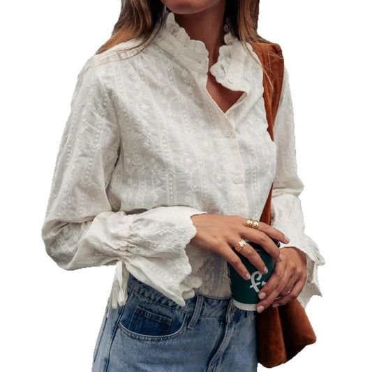 French Stand Collar Ruffle Bell Sleeve Embroidered Jacquard Shirt