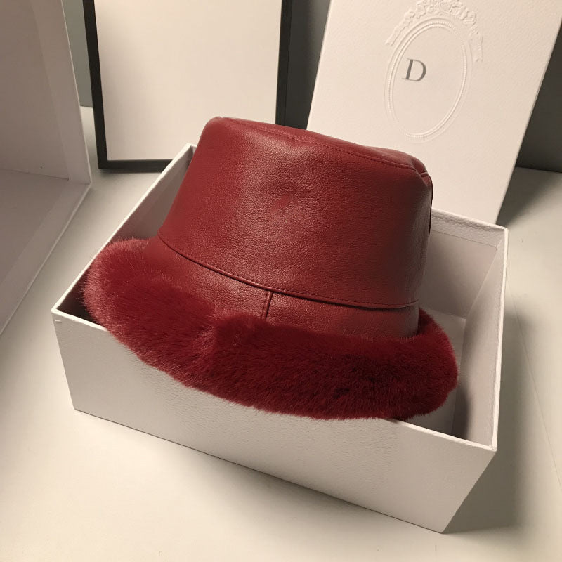 Hat Female Leather Plush Fisherman Hat Versatile Temperament