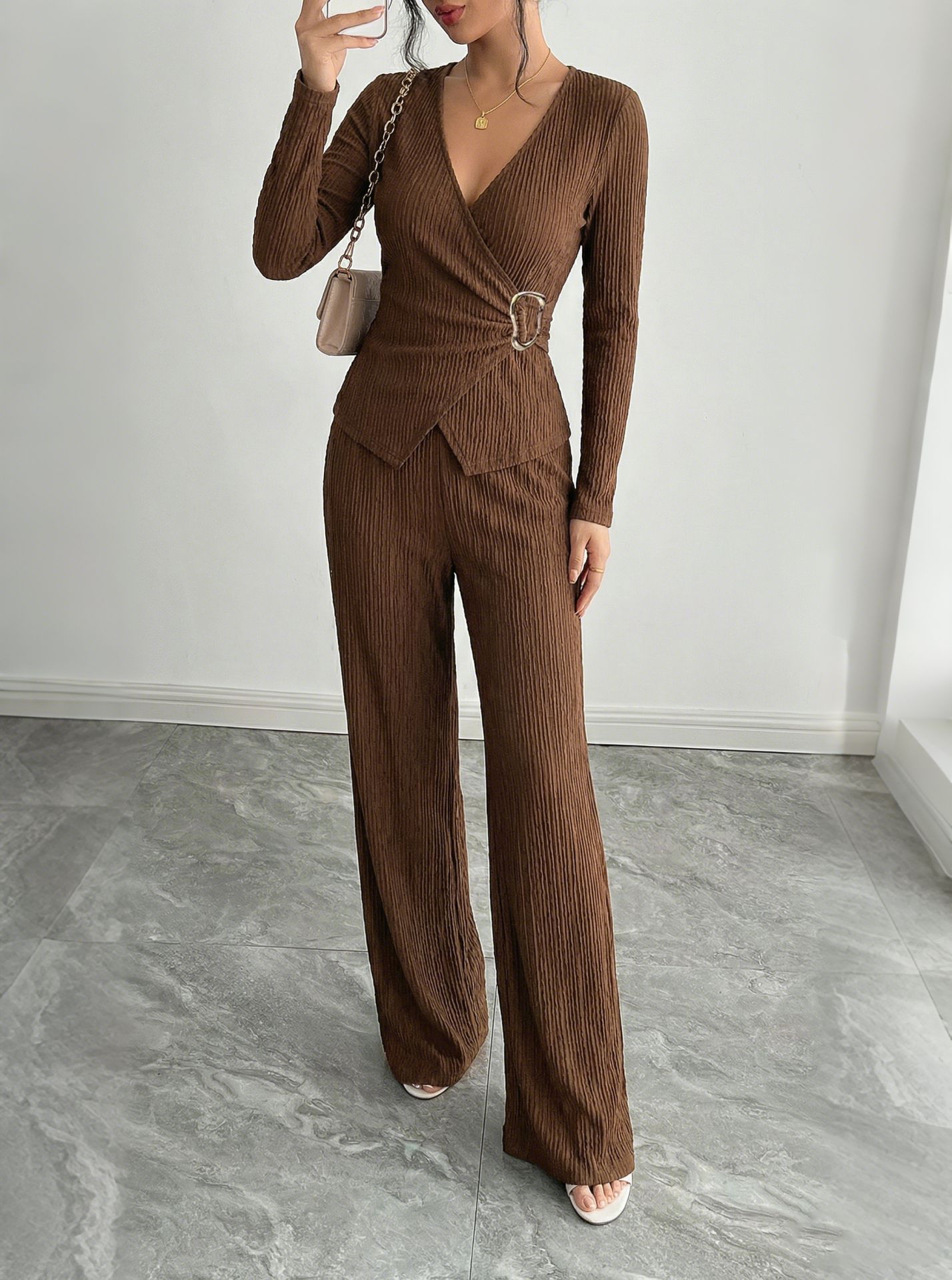 Womens Solid-Color V-Neck Cross-Over Long-Sleeve T-Shirt And Pants Set