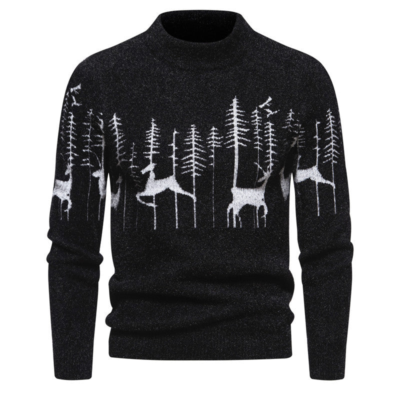 Herre striktrøje til efterår/vinter, slim underdel, trendy rundhalset pullover med julehjorteprint