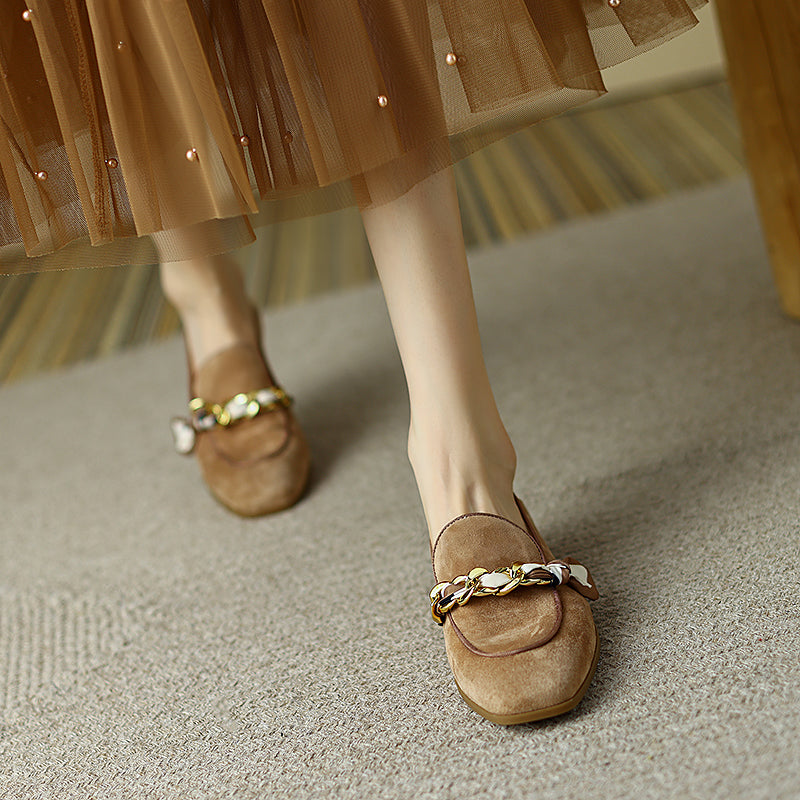 Vintage Soft Leather Slip-On Square Toe Loafer Flats