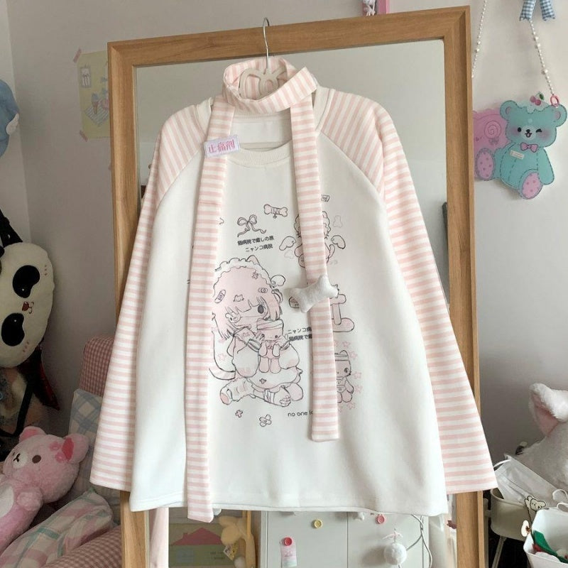 Sweet Girl Kitten  Striped Round Neck Fleece-lined Sweater