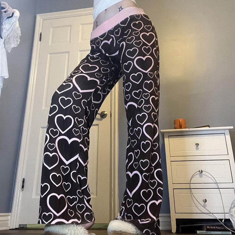 Contrast Color Heart Printing Casual Trousers