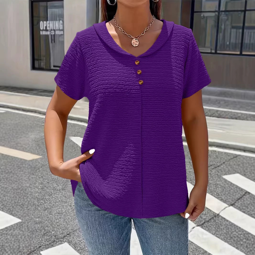 Pleated Fabric Solid-color Faux-button Doll-collar Top T-shirt