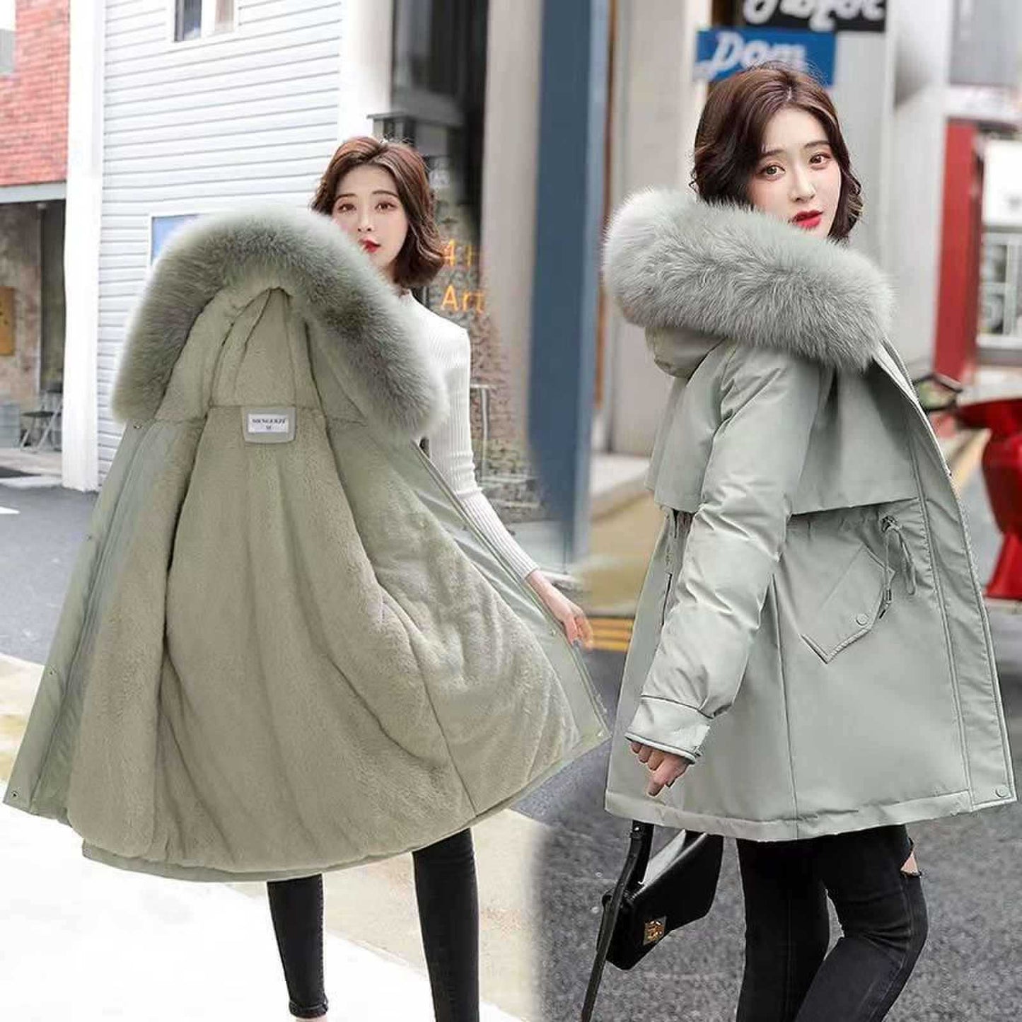 Long Style Large Fur Collar Fleece Lined Cotton Jacket Down Cotton Coat Outerwear