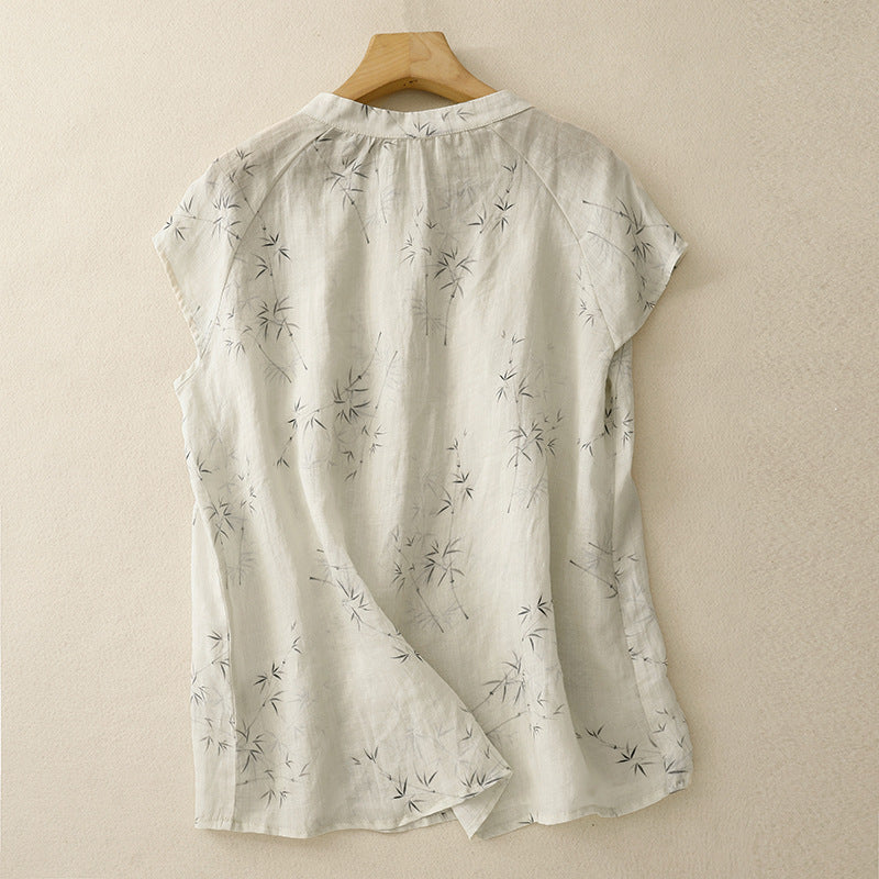 Crew-neck Artistic And Fashionable Cotton-linen Shirt With A Print