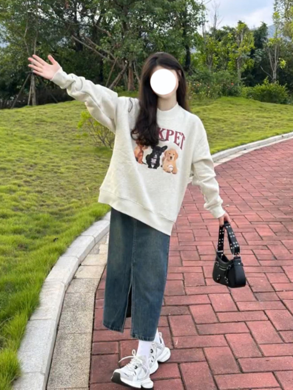 American Retro Cartoon Puppy Gray Sweater Female Spring And Autumn Idle Style Niche Round Neck Long Sleeve Top