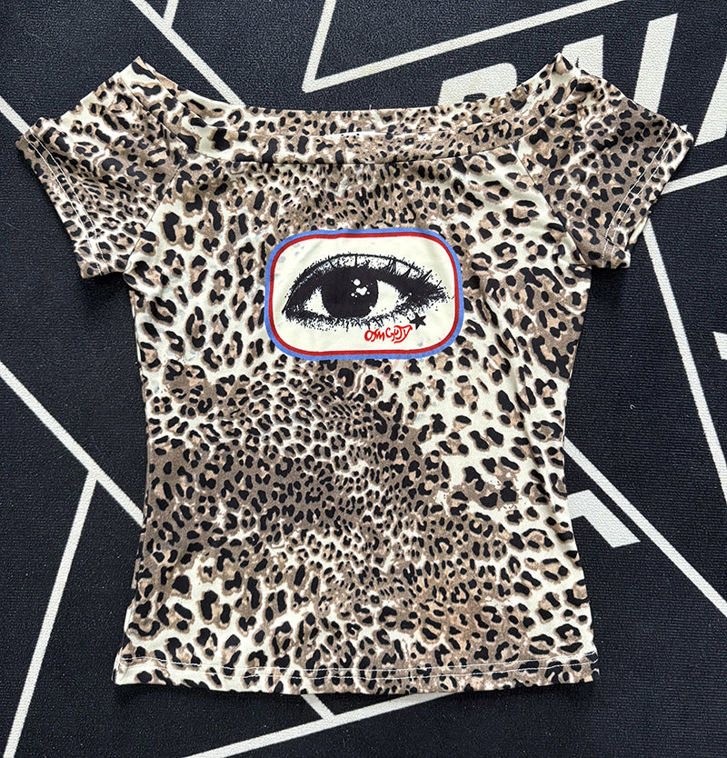 Leopard-print Eye Design Sexy Vintage Short-sleeve Top