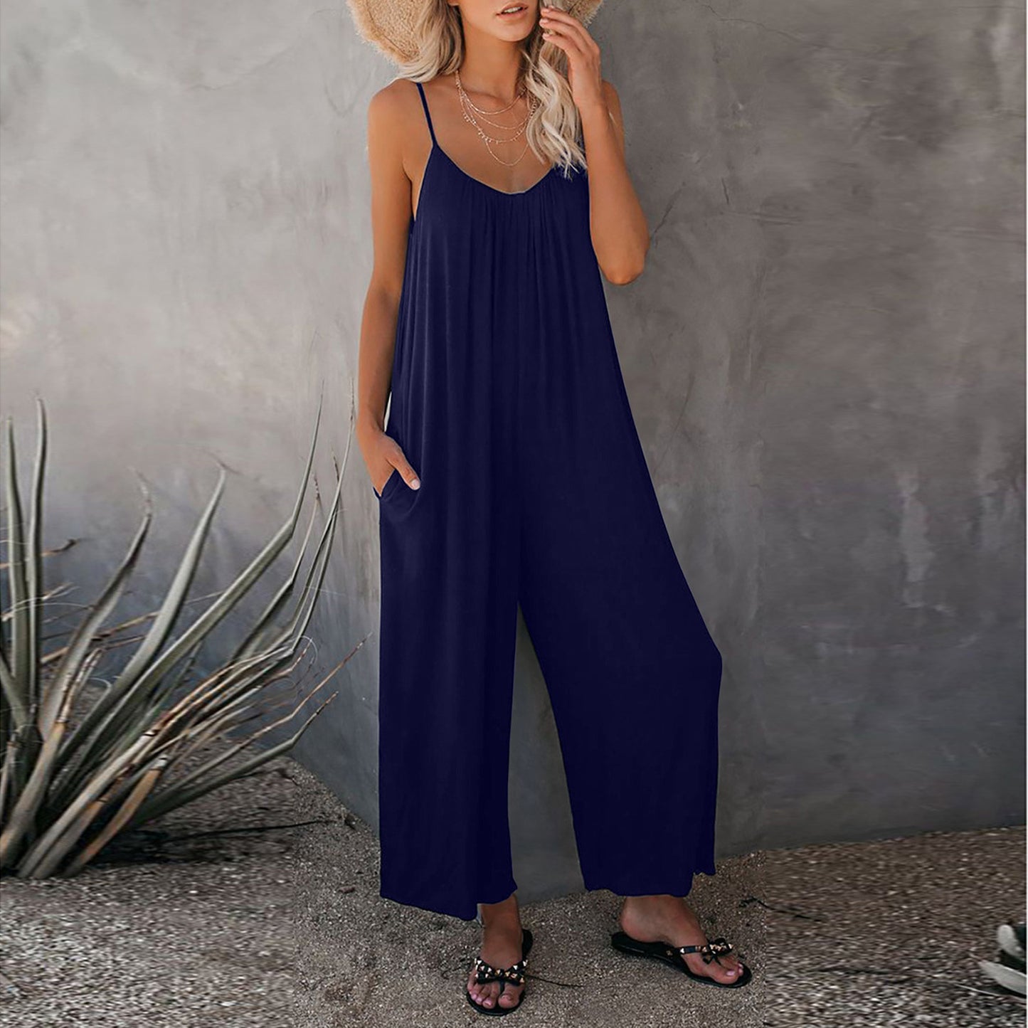 Summer New Solid Color Slip Pocket Casual Jumpsuit