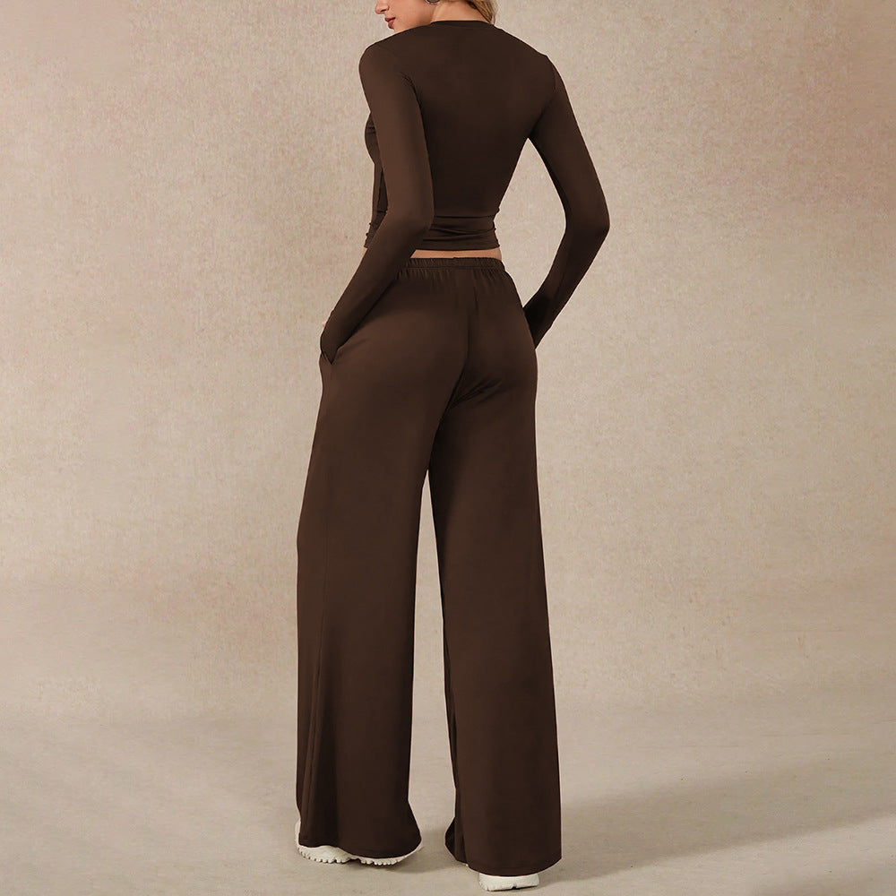 Womens Long-sleeve Cropped Midriff-baring Top And Wide-leg Casual Pants Set