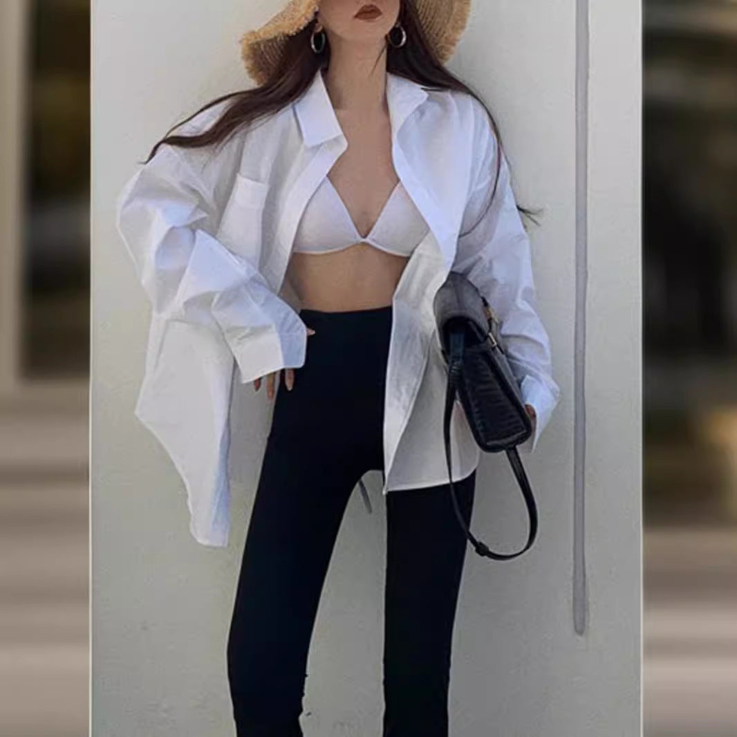 Boyfriend Style White Pure Cotton Coat Design Sense Niche Idle Style Shirt Outer Tops