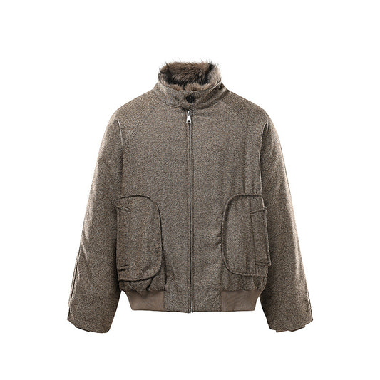 Street Multi-pocket Fleece Padded Short Stand-up Collar Cotton-padded Coat