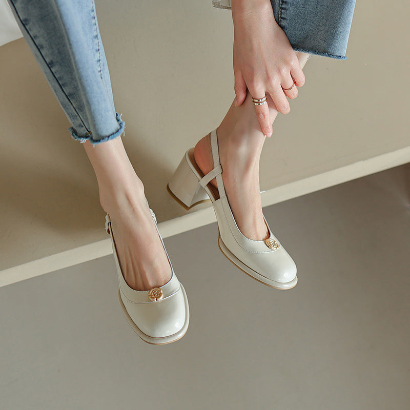 Thick High Heel Cowhide Toe Cap Slingback Sandals Women