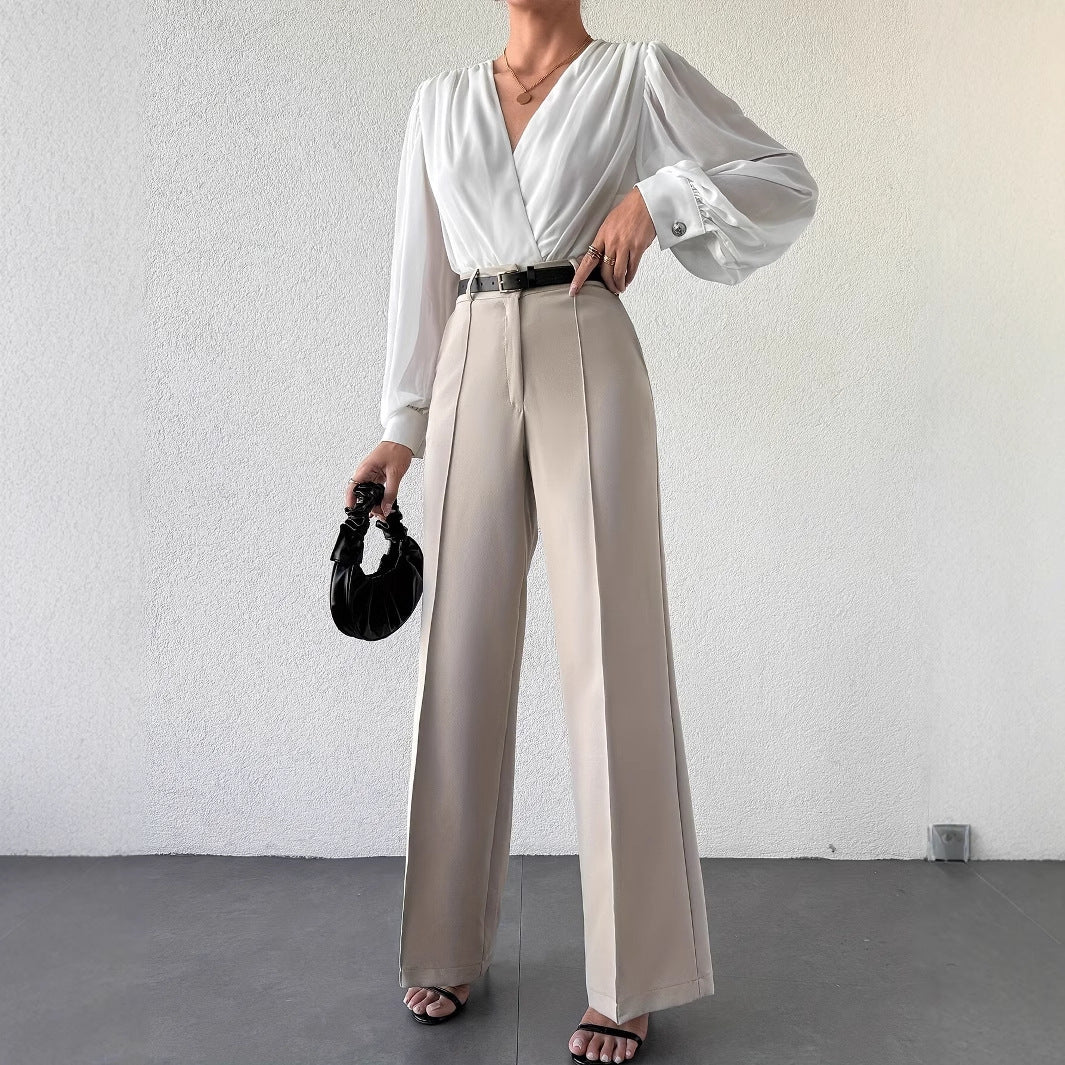 New Fashion Temperament High Waist Slimming And Straight Casual Trousers Side Pocket French Commuter Business Trousers