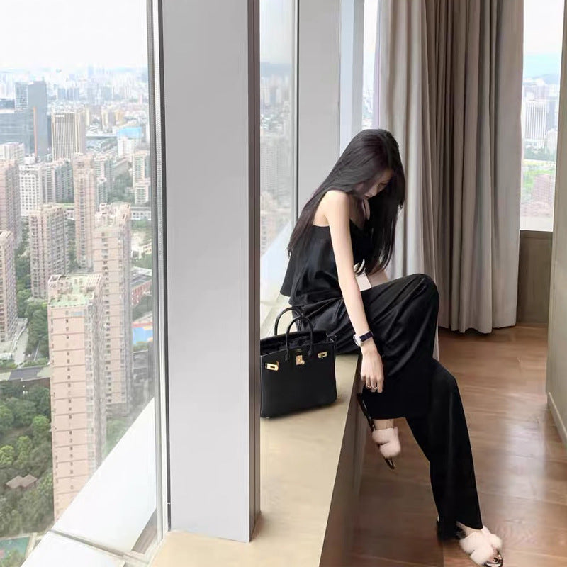 White Acetate Satin Ice Silk Chiffon Wide Leg Pants