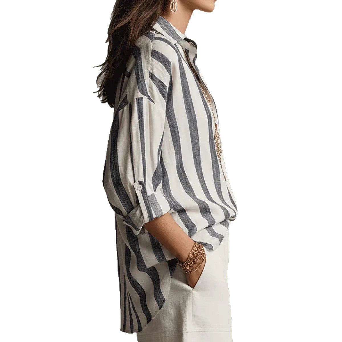 Striped Lapel Collar Loose-Fit Stylish Pullover Womens Blouse