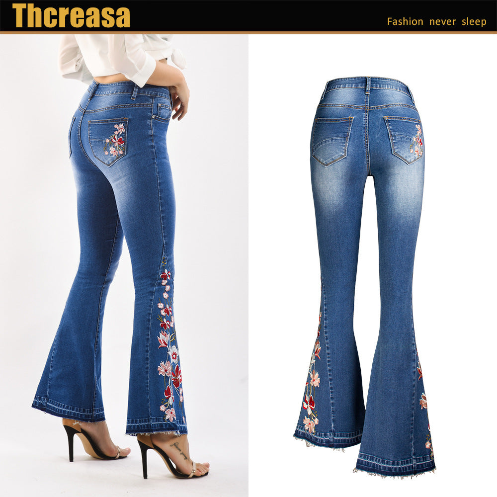 Machine Embroidery Denim Women's Autumn Denim Wide Leg Trousers 3D