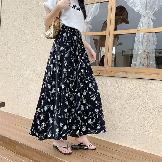 Blomstret stor swing halvlang stram talje parasolnederdel chiffon