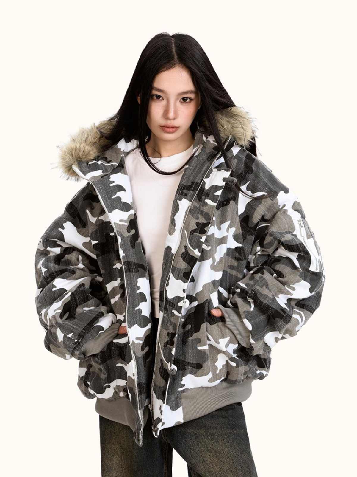 Løs Retro Camouflage Splejsning Pels Krave Bomuldsforet Jakke