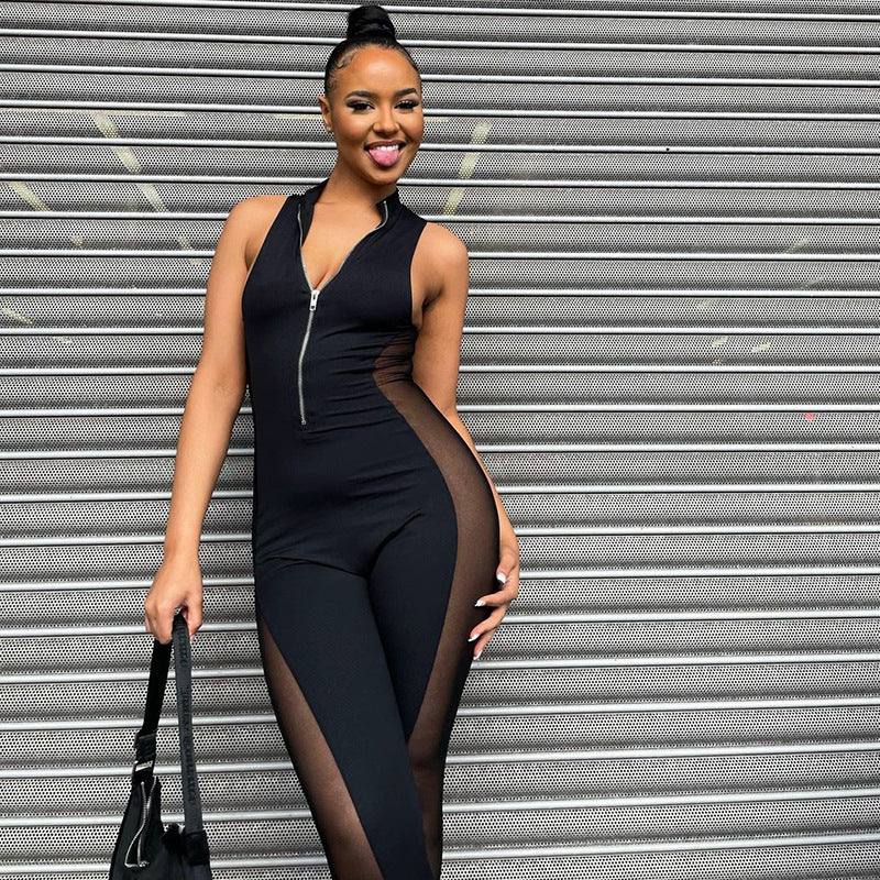 Women's New Mesh Solid Color Sleeveless Yarn Stitching Jumpsuit
