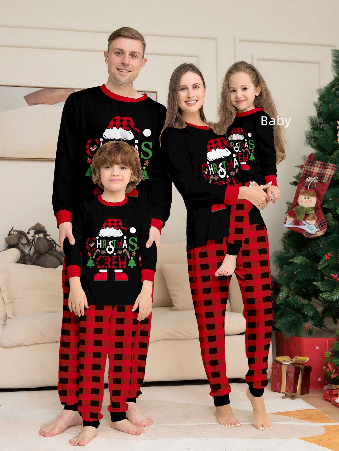 Christmas Hat Cartoon Letters Red And Black Plaid Printed Parent-child Christmas Suit