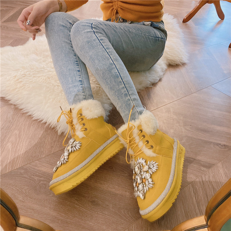 Women's Short Tube Thickened Wool And Diamond-studded Cotton Boots