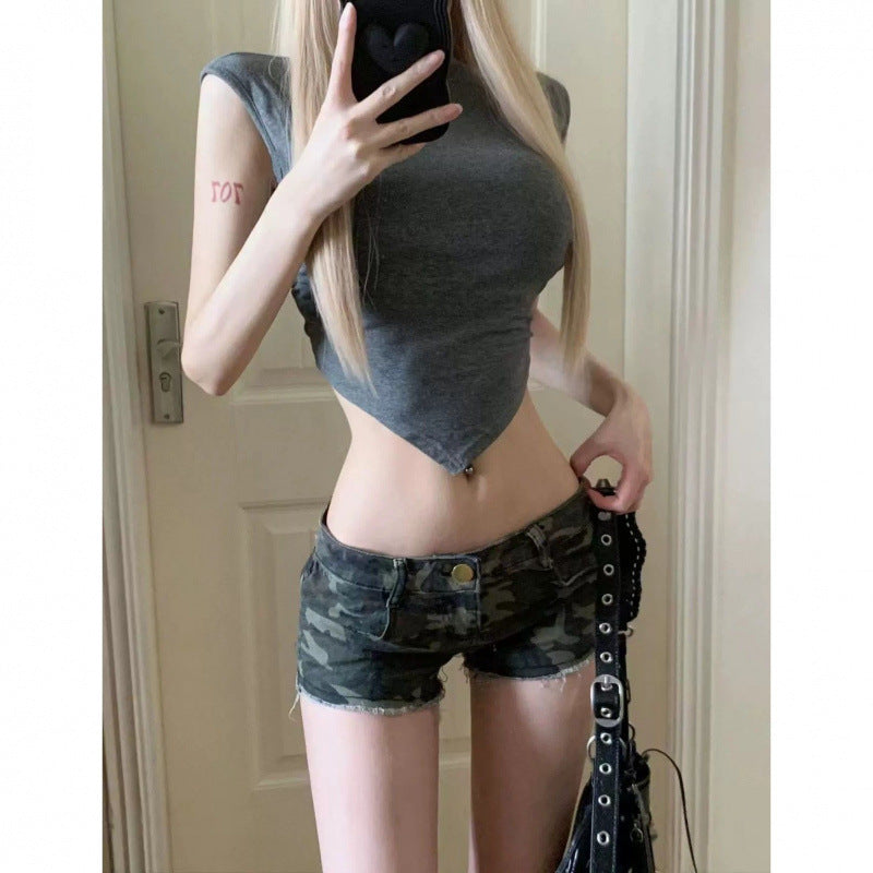 American Retro Washed Single Button Denim Shorts