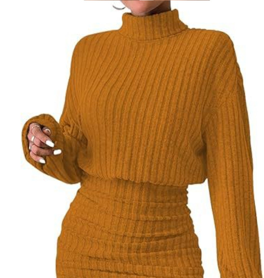Hug-hem Long-sleeve Turtleneck Skirt Rib-knit Dress